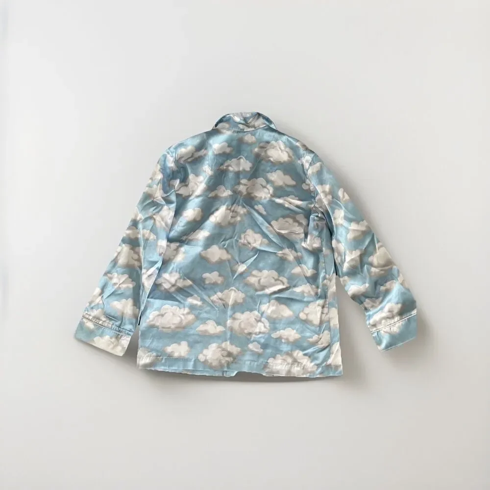 Nick and Nora Vintage Blue Cloud Print Satin Pajama Top Button Up Kids Sz M 7/8